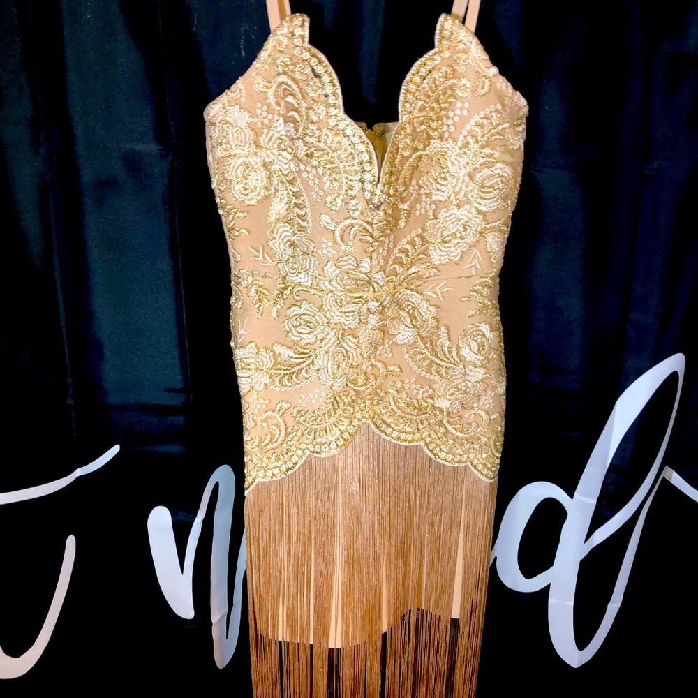 Elliatt Amour Beige Embroidered Fringe Dress